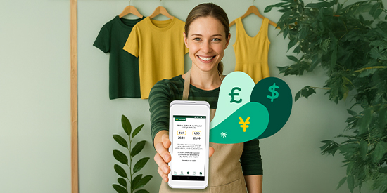 chica mostrando un tpv del que salen imágenes de monedas extranjeras