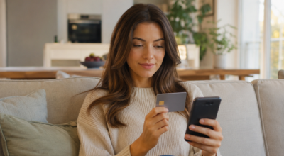 chica en su casa pagando con tarjeta desde el móvil