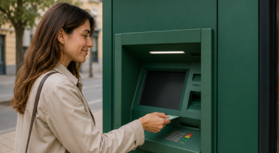 chica sacando dinero del cajero