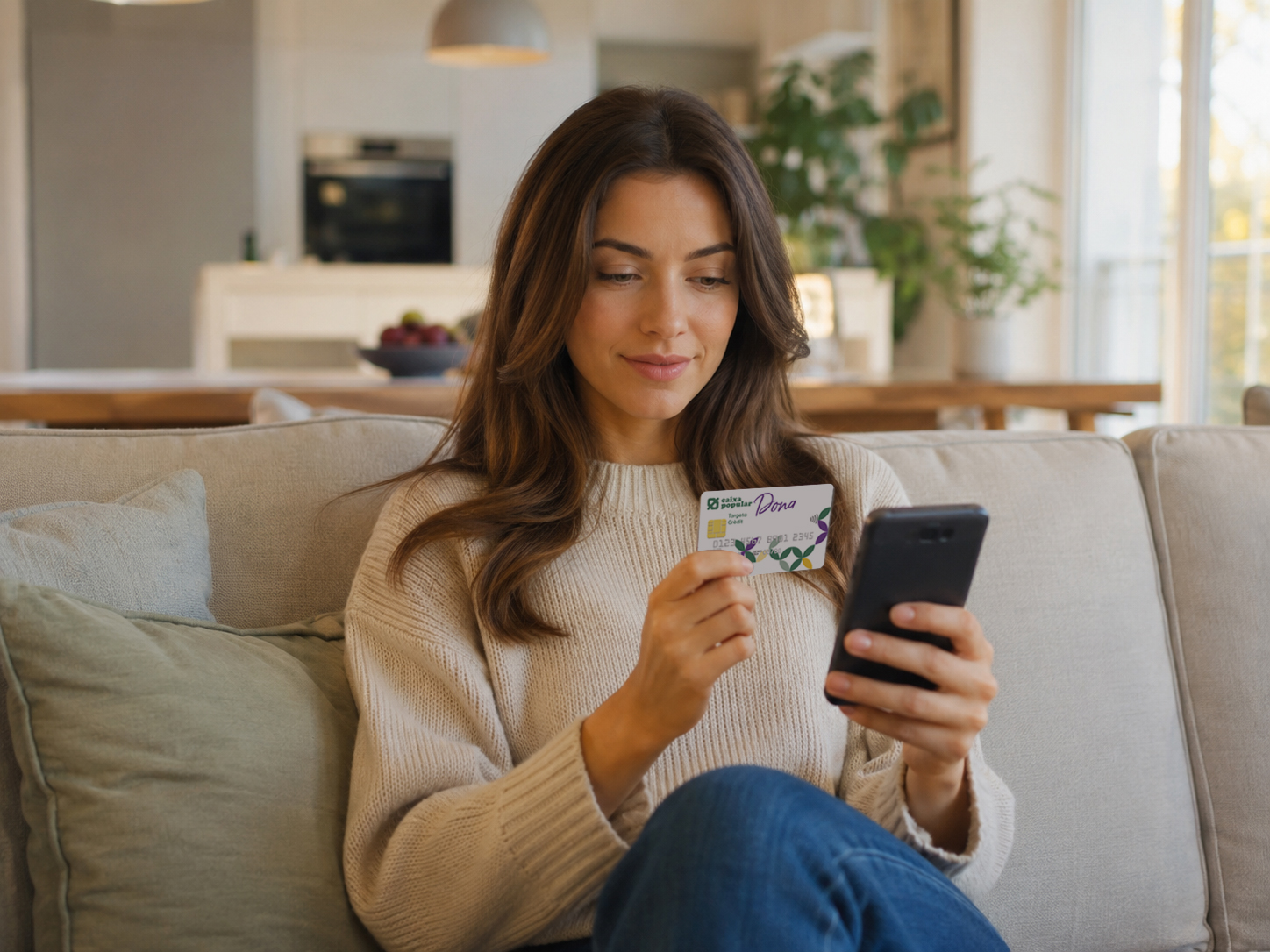 chica en su casa pagando con tarjeta desde el móvil