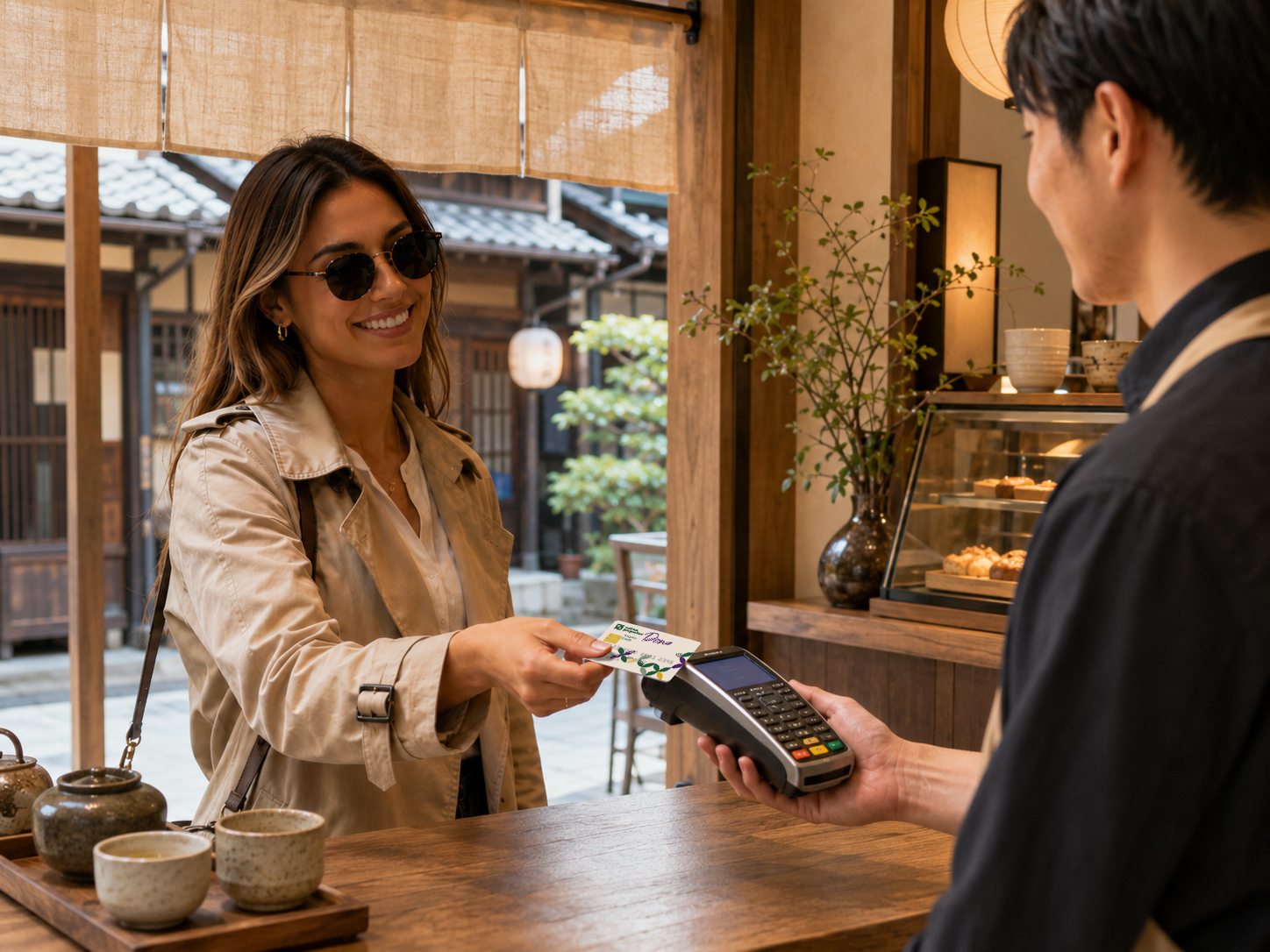 chica pagando con tarjeta en Japón